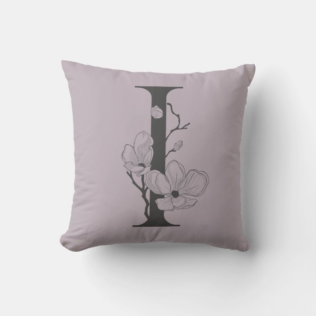 Elegant I Boho Floral Monogram Initial Lilac Gray Kissen (Vorderseite)