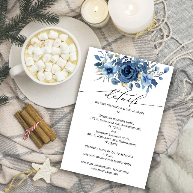 Elegant Ice Blue Winter Floral Begleitkarte (Elegant Ice Blue Winter Floral Enclosure Card #navyblue #winterweddinginvitation)