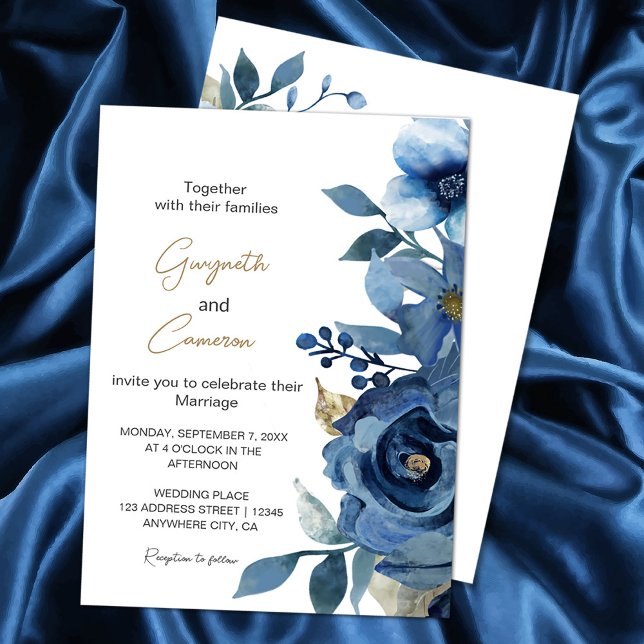 Elegant Ice Blue Winter Floral Einladung (Elegant Ice Blue Winter Floral Invitation #navyblue #elegantnavybluegold #blueandgold #zazzlemade)