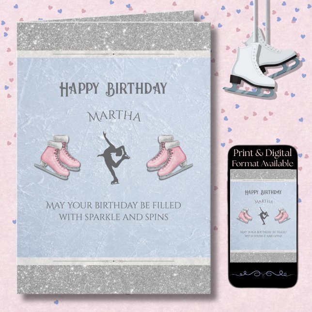 Elegant Ice Skating Glitter Figure Skate Birthday  Karte (Send a card with grace and style with a personalized figure skater birthday card )