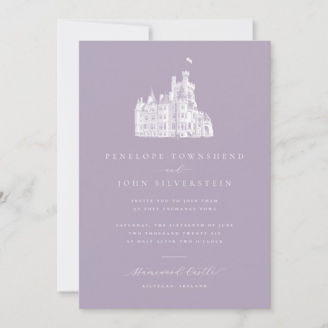 Elegant Illustration Lavender Castle Wedding Einladung (Vorderseite)
