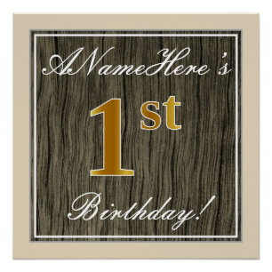 Elegant, Imitat Holz, Imitate Gold 1. Geburtstag + Poster