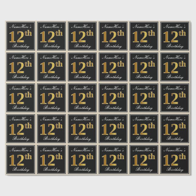 Elegant, Imitate Gold 12. Geburtstag + Individuell Geschenkpapier (Flach)