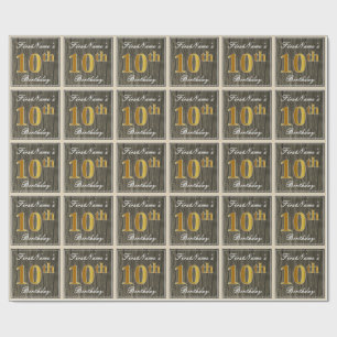 Elegant, Imitate Holz, Imitate Gold 10. Geburtstag Geschenkpapier