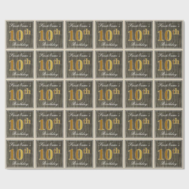 Elegant, Imitate Holz, Imitate Gold 10. Geburtstag Geschenkpapier (Flach)