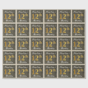 Elegant, Imitate Holz, Imitate Gold 12. Geburtstag Geschenkpapier