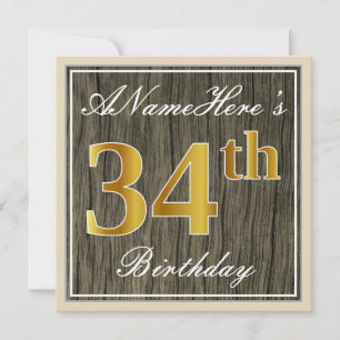 Elegant, Imitate Holz, Imitate Gold 34. Geburtstag Einladung