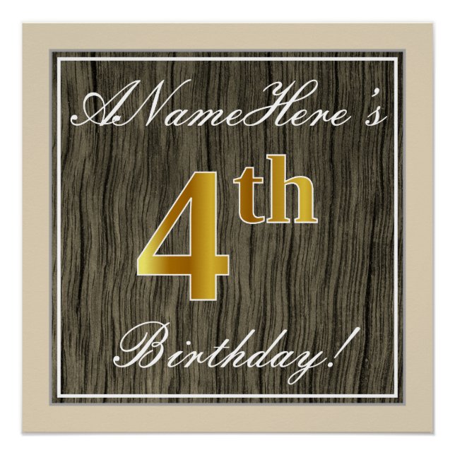 Elegant, Imitate Holz, Imitate Gold 4. Geburtstag  Poster (Vorderseite)