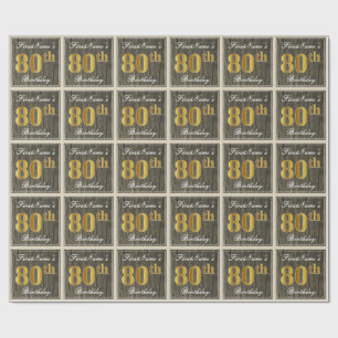 Elegant, Imitate Holz, Imitate Gold 80. Geburtstag Geschenkpapier