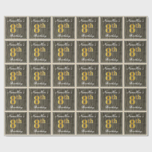 Elegant, Imitate Holz, Imitate Gold 8. Geburtstag  Geschenkpapier