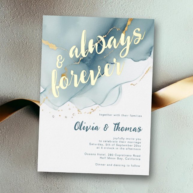 Elegant immer Forever Dusty Blue Beach Hochzeit Folieneinladung (always forever beach wedding invitation teal gold foil dusty blue elegant bohemian modern romantic)
