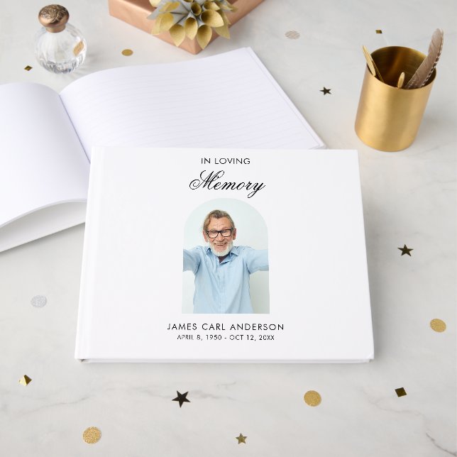 Elegant In Loving Memory Photo White Keepsake Gästebuch (Vorderseite Offen)