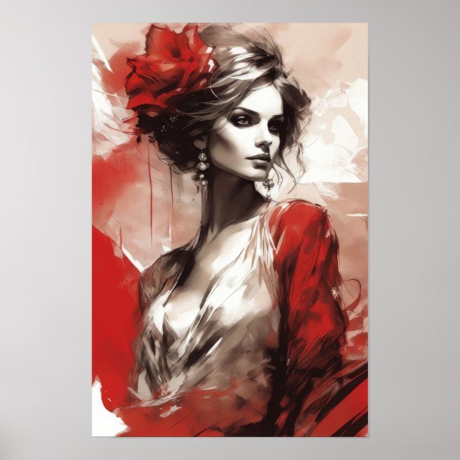 Elegant in Rot: Modefrau Portrait Moderne Kunst Poster (Vorne)