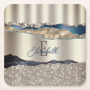 Elegant Indigo Blue Agate Sequins Rechteckiger Pappuntersetzer