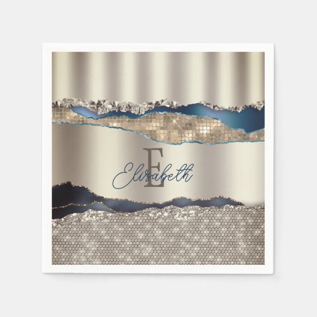 Elegant Indigo Blue Agate Sequins Serviette (Vorderseite)