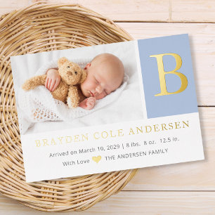 Elegant Initial monogram Photo baby Announcement Folieneinladung