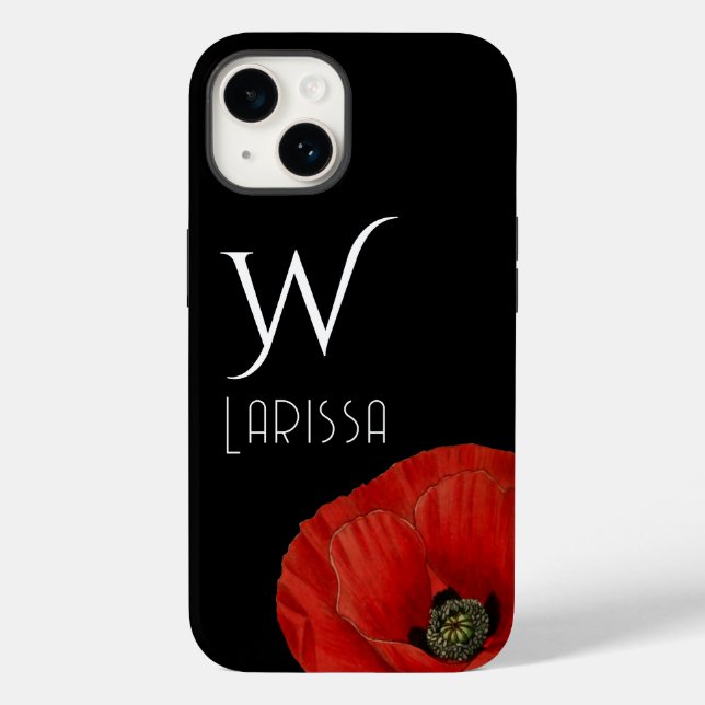 Elegant Initialed Red Poppy on Black Case-Mate iPhone Hülle (Rückseite)