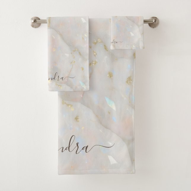 Elegant Iridescent Opal Gemstone Marmor Chic Badhandtuch Set (Insitu)