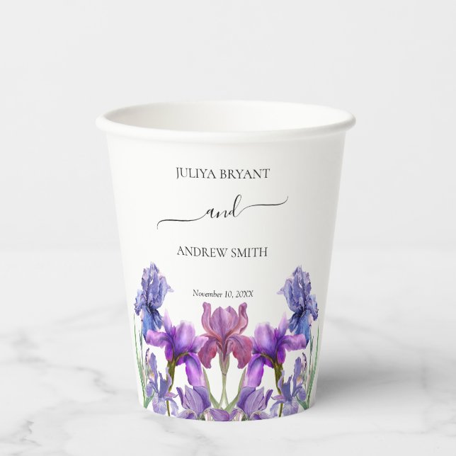 Elegant Iris Blume Name und Datum Pappbecher (Vorderseite)