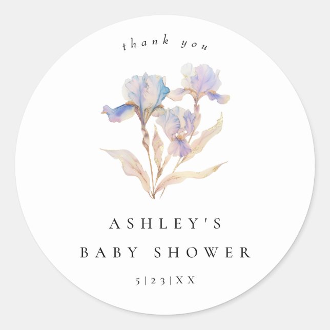 Elegant Iris Floral Baby Shower Runder Aufkleber (Vorderseite)