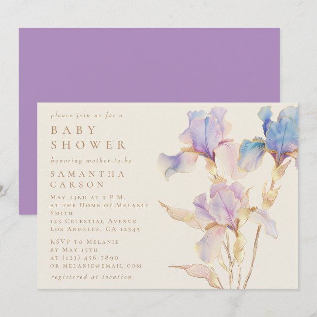 Elegant Iris Floral Watercolor Baby Shower Einladung (Vorne/Hinten)