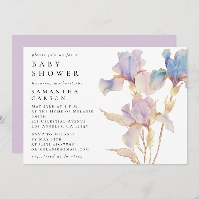 Elegant Iris Floral Watercolor Baby Shower Einladung (Vorne/Hinten)