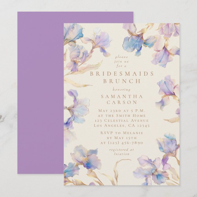 Elegant Iris Floral Watercolor Bridesmaids Brunch Einladung (Vorne/Hinten)