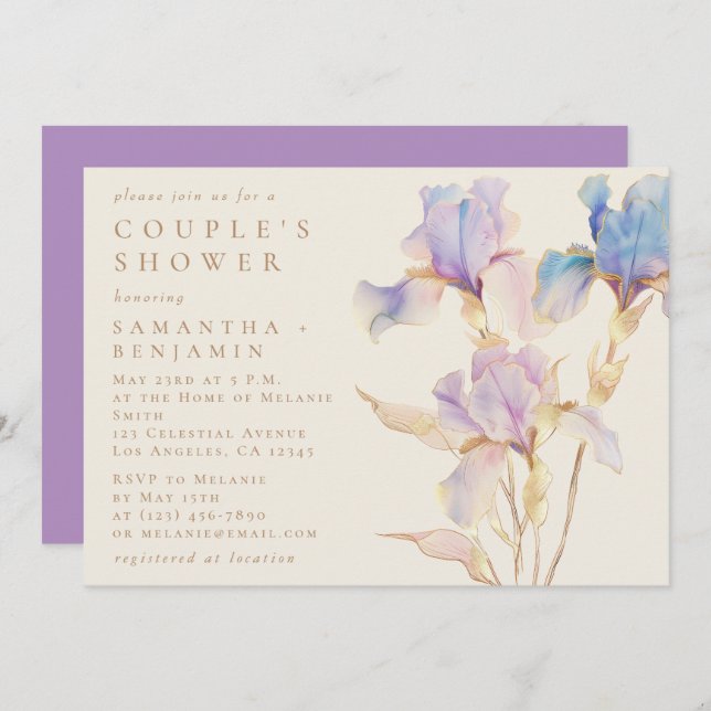 Elegant Iris Floral Watercolor Couple's Dusche Einladung (Vorne/Hinten)