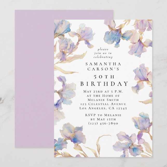 Elegant Iris Floral Watercolor Geburtstagsparty Einladung (Vorne/Hinten)