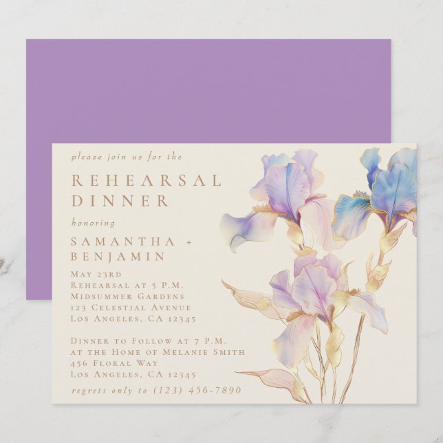 Elegant Iris Floral Wedding Probe Dinner Einladung (Vorne/Hinten)