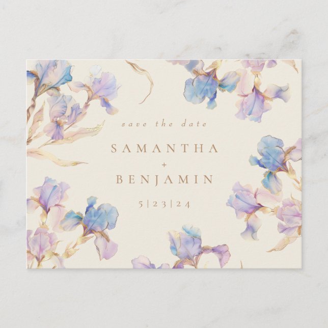 Elegant Iris floral Wedding Save the Date Postkarte (Vorderseite)