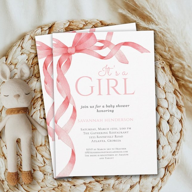 Elegant ist eine Girl Pink Bow Baby Dusche Einladung (Von Creator hochgeladen)
