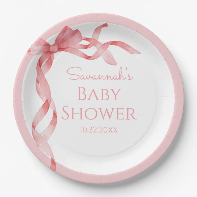 Elegant ist eine Girl Pink Bow Baby Dusche Pappteller (Vorderseite)