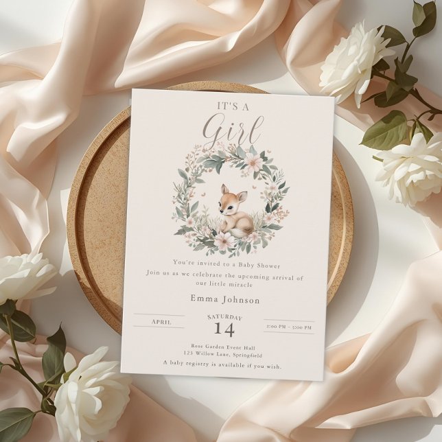 Elegant It’s a Girl Baby Shower Floral Deer Einladung (Von Creator hochgeladen)