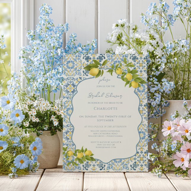 Elegant Italian Blue Tile Lemon Bridal Shower Einladung (Von Creator hochgeladen)
