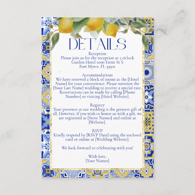 Elegant Italian Blue Tile Lemons Citrus Wedding Begleitkarte (Vorderseite)