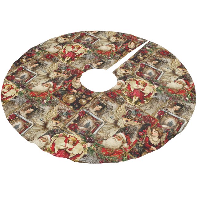 Elegant Ivory and Red Victorian Christmas Collage Polyester Weihnachtsbaumdecke (Schrägansicht)