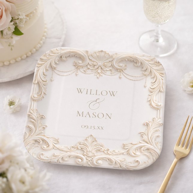 Elegant Ivory Baroque Square Wedding Pappteller (Elegant Ivory Baroque Square Wedding Paper Plates)