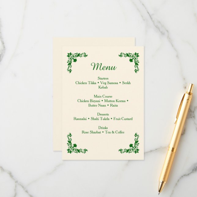 Elegant Ivory & Emerald Floral Wedding Menu Begleitkarte (Vorderseite/Rückseite Beispiel)