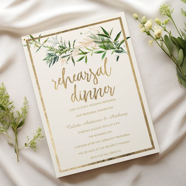 Elegant ivory green gold foliage Rehearsal Dinner Einladung (Elegant ivory green gold foliage Rehearsal Dinner)