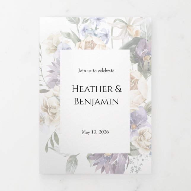 Elegant Ivory Lavender Floral Tri-Fold Einladung (Cover)