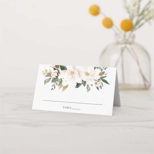 Elegant Ivory Magnolia Greenery Wedding Guest Name Platzkarte (Vorderseite)