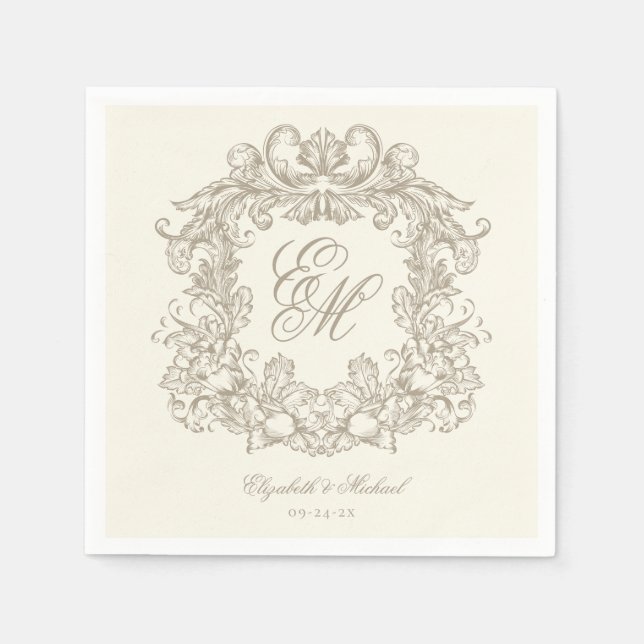 Elegant Ivory Monogram Crest Script Wedding Serviette (Vorderseite)