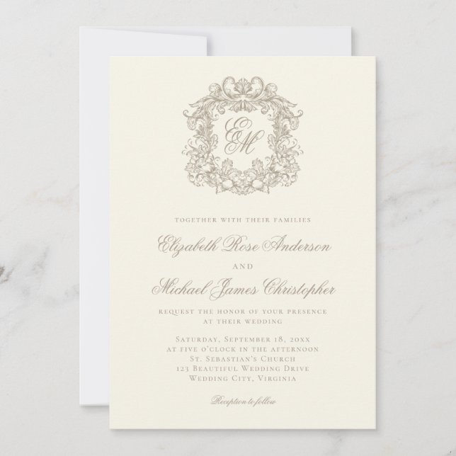 Elegant Ivory Monogram Crest Wedding Einladung (Vorderseite)