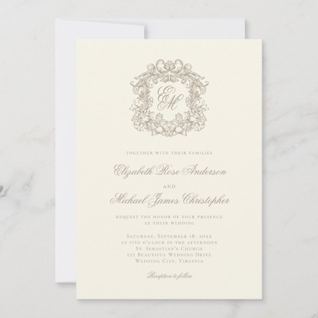 Elegant Ivory Ornate Monogram Crest Wedding Einladung (Vorderseite)