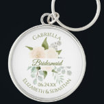 Elegant Ivory Peach Rose Bridesmaid Wedding Keych Schlüsselanhänger<br><div class="desc">Diese Schlüsselanhänger sind so konzipiert, dass sie den Hochzeitsjungfrauen bei ihrer Hochzeitsfeier einen Vorzug geben. Sie zeichnen sich durch ein handgemaltes Aquarelldesign mit einem Bouquet aus elfenbeinfarbenen Rose, Eukalyptus-Blätter und Grünpflanzen aus. Weiße Banner in der Mitte des Lesesaals: Bridesmaid in eleganten moosgrünen Schriftzeichen. Es gibt Platz für ihren Namen an...</div>