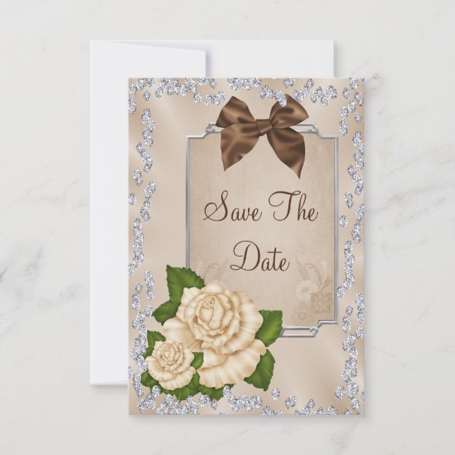 Elegant Ivory Rose & Bows 70. Save the Date (Vorderseite)