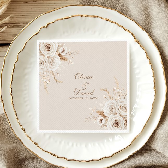 Elegant Ivory Rose Wedding Napkin Serviette (Elegant Ivory Rose Wedding Napkin on an elegant gold and white wedding porcelain plate)