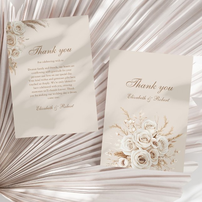 Elegant Ivory Roses Wedding Thank You Card Dankeskarte (Elegant Ivory Roses Wedding Thank You Card on a neutral sunny dry palm leaf.)