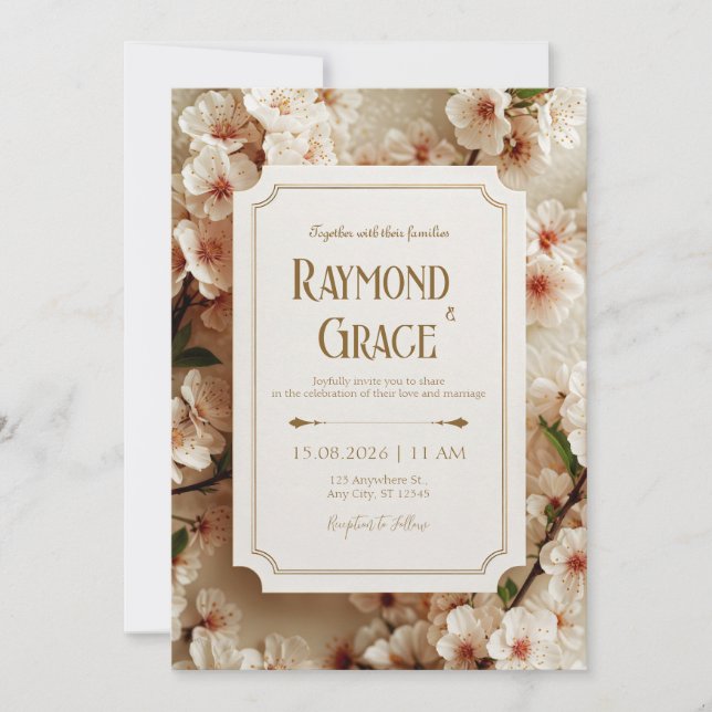 Elegant Ivory Sakura Floral Gilded Ticket Wedding Einladung (Vorderseite)